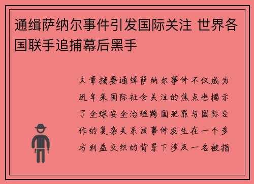 通缉萨纳尔事件引发国际关注 世界各国联手追捕幕后黑手