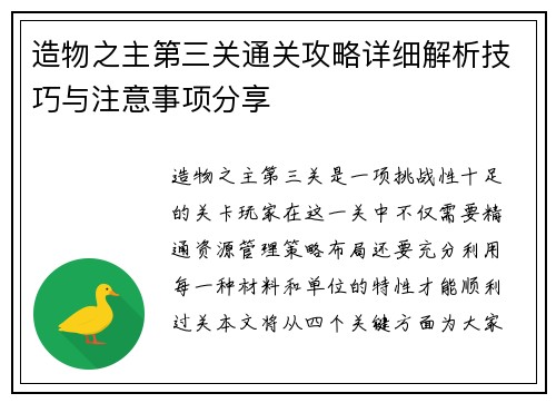 造物之主第三关通关攻略详细解析技巧与注意事项分享